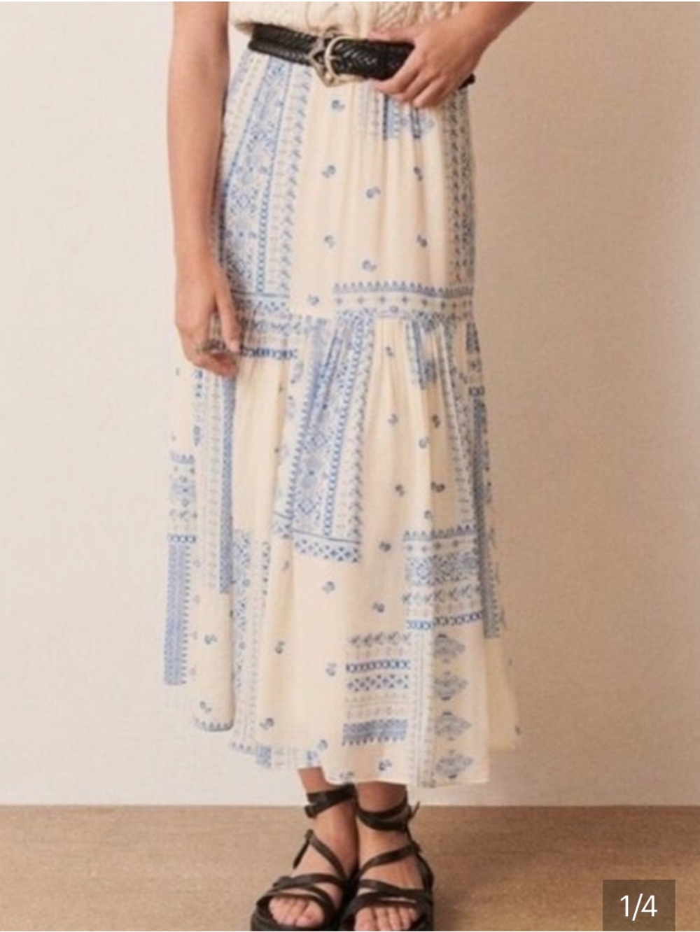 Maison D’Amelie Blue & Cream Printed linen blend Midi Skirt:Euro summer